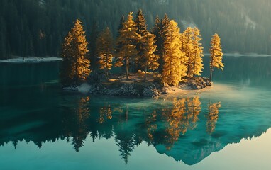 Naklejka premium Golden trees stand tall on a rocky islet, reflected beautifully in the blue waters