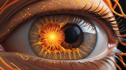 Human Eye Close-up with Abstract Orange Pattern and Bright Light