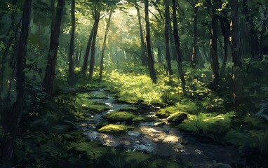 Obraz premium Sunlight streams through lush green trees and illuminates a babbling brook filled with mossy rocks