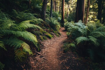Fototapeta premium Explore lush fern forests and tranquil trails in Australia's beautiful nature landscape, Australia adventure nature background Fern forest hiking trail