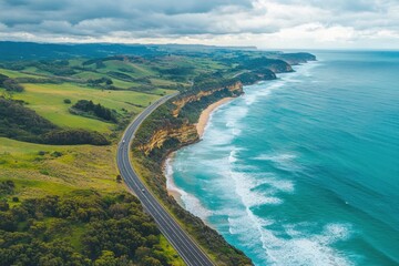Scenic drive along Great Ocean Road showcasing stunning Australian coastline and lush landscapes, Australia holiday vacation on Great Ocean Road coastal highway Aerial view