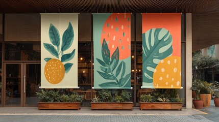 Three large banner mockups in front of a coffee shop