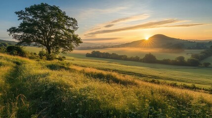 Sunrise over a rolling green valley, with a lone tree on a grassy hill.  Misty morning light. 