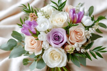 Obraz premium Delicate bridal bouquet resting on soft beige fabric featuring roses, freesias, and eucalyptus