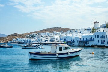 Fototapeta premium Explore the tranquil waters of Mykonos with charming boats against a picturesque backdrop, Aegean sea of Mykonos island in Greece Beautiful white houses and boats