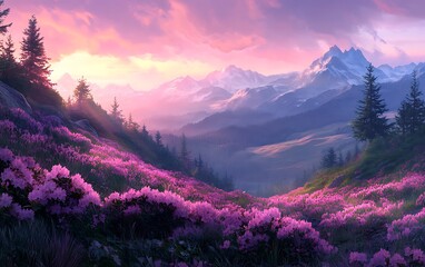 Stunning mountain landscape with pink flowers and trees under a colorful sky inspires awe