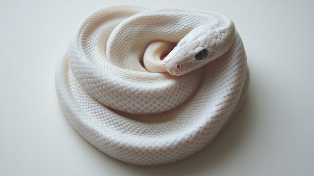 Albino python coiled, studio shot, white background, pet reptile
