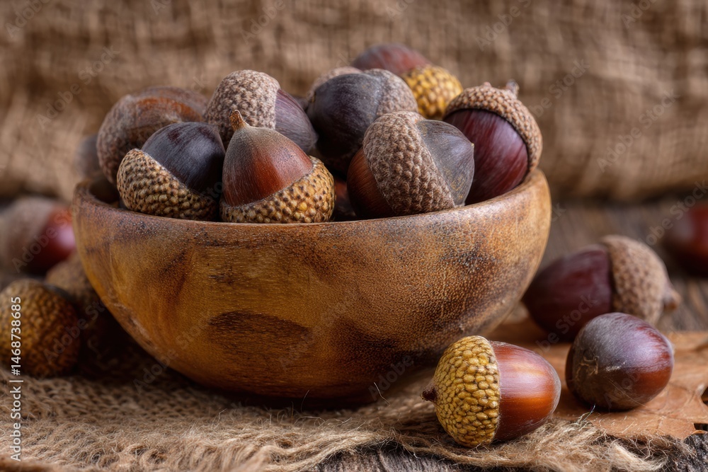 Poster natures bounty displayed in a rustic wooden bowl filled with acorns on a textured surface generative