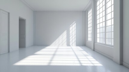 Obraz premium Bright sunlight streams into an empty, all-white room with large windows. Great for showcasing interior design or representing minimalism.