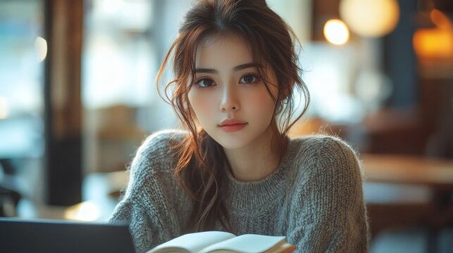 Asian woman writing in notebook beside laptop in calm, well-lit study area with minimalistic furniture 