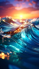 Dynamic ocean wave cresting at sunset creating stunning reflections and visual impact for captivating stock imagery and design applications