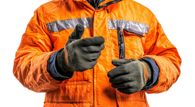 Png of A male worker in a bright orange safety jacket and gloves displays a thumbs-up gesture, symbolizing safety and positivity.