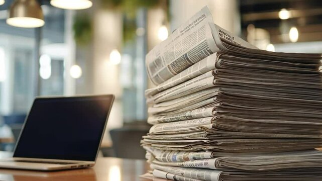 Newspapers Stacked on Table with Laptop in Blurred Background