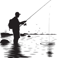Obraz premium Fisherman Casting Line SilhouetteFishing Boat on the Lake Vector DesignUnderwater Fish Hunting Scene SilhouetteSpearfishing Adventure Silhouette ArtFishing Rod and Catch Moment Vector