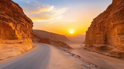 A winding road passes between dramatic desert cliffs at sunset, with golden sunlight illuminating the rocky landscape.