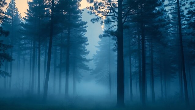 Foggy forest with tall trees in a blue tinted landscape. - Powered by Adobe