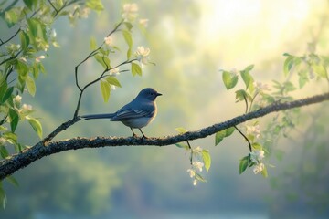Majestic bird perched on a flowering tree branch during tranquil morning light, bird on a tree branch  seamless ing timelapse virtual Photo Background