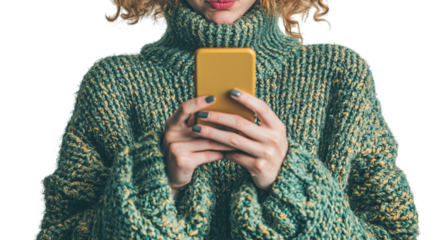 Png of Young woman with curly hair in a cozy sweater, focused on her smartphone, exuding a relaxed yet engaged vibe.