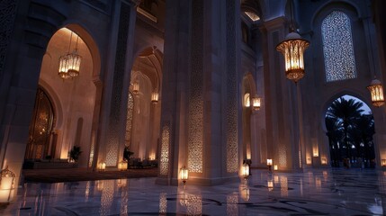 Interior architectural view featuring pillars arches and decorative lighting