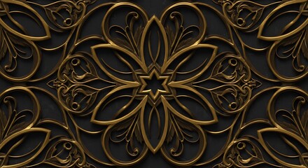 Ornate Gold Floral Metalwork Pattern, Dark Background