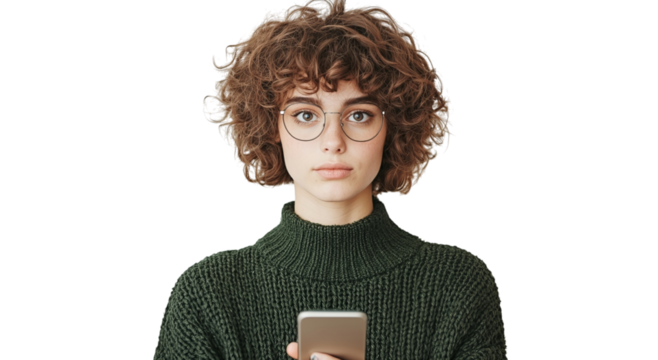 Png of Young Caucasian woman with curly hair and glasses, focused on her smartphone, wearing a cozy green sweater.