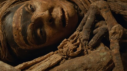 Close up of a well preserved mummy with visible face and hands in a dark setting ancient burial