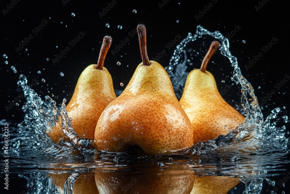 Poster closeup of ripe pears splashing in water creating dynamic droplets and waves, closeup of ripe pears 
