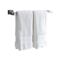 Two white towels hanging on a modern towel bar