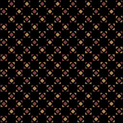 folk decorative art. maroon, gold hand drawn squares and triangles. black repetitive background. vector seamless pattern. geometric fabric swatch. wrapping paper. design template for textile, linen