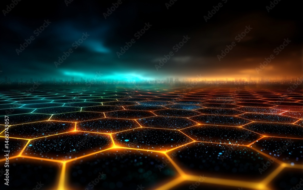 Poster digital mesh of hexagons with glowing dots on dark background
