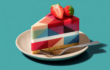 Geometric slice of cake presents modern twist, strawberry topping adding delightful touch. It looks so inviting and ready to be enjoyed