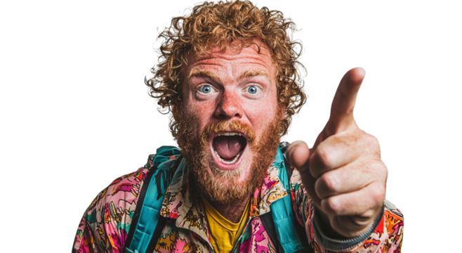 Png of Excited Caucasian male with curly hair and beard gestures enthusiastically, showcasing a sense of adventure and wanderlust.