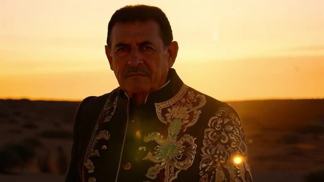 The camera slowly zooms in as a stoic 55-year-old black man in a mexican charro suit walks confidently, facing the camera, across a desert landscape