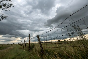 Dramatic Storm Clouds Gather Over Rural Fence Line Countryside Path