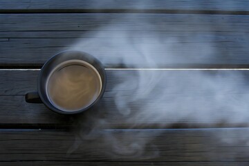 Warm Coffee Steam Rises on Rustic Wooden Tabletop