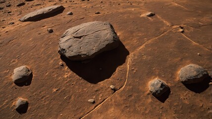 Aerial view of a rocky desert landscape with scattered boulders and cracked dry ground surface