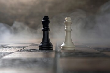 Dramatic Chess Game Showdown Black and White Kings Face Off in Smoky Atmosphere Strategy Game