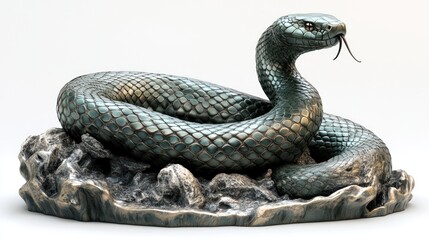 Obraz premium Coiled bronze snake statue on rock, white background, 3D render, art