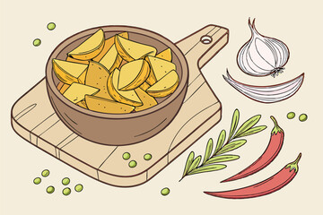 11 Roasted potato wedges, rustic wooden bowl, round cutting board, red chili peppers, whole garlic cloves, purple onion, green parsley sprigs, peas, spices, warm golden tones, food photography, high d