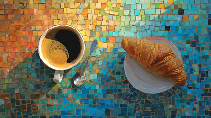 Fresh cup of coffee and golden croissant is presented on mosaic table, evoking sense of anticipation and warmth