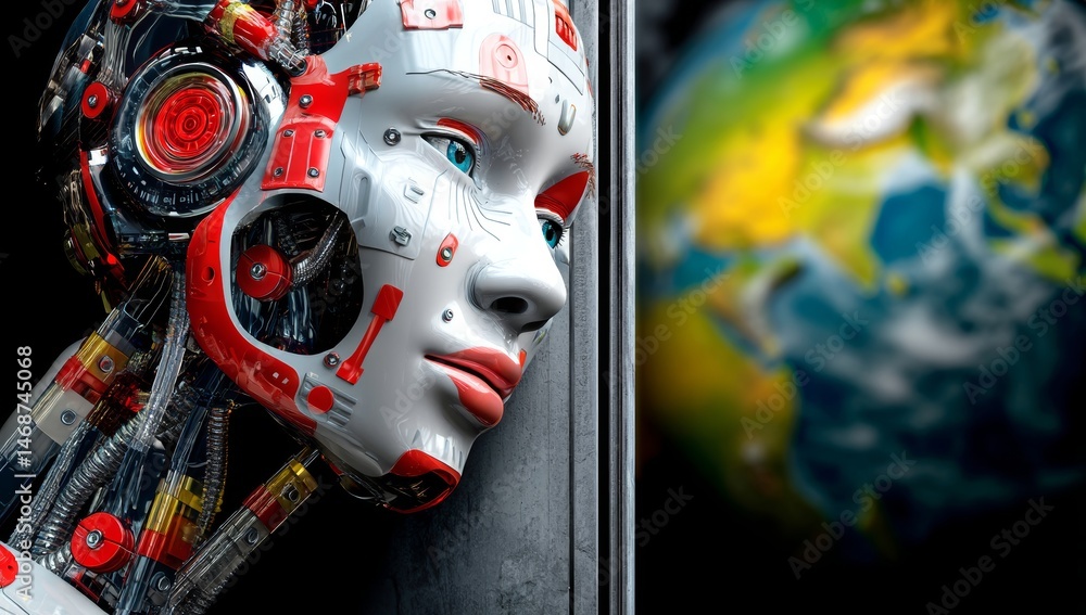 Poster human-like ai robot standing in a spaceship window overlooking earth