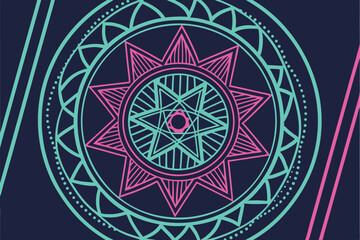 12 Geometric mandala, neon colors, vibrant cyan and magenta, intricate patterns, star shape, symmetrical design, abstract art, digital illustration, glowing lines, sacred geometry, psychedelic artwork