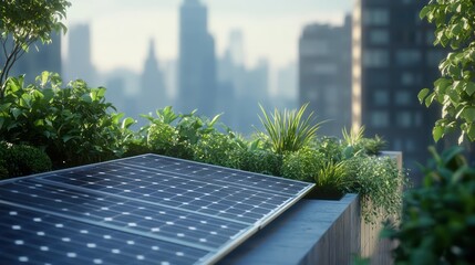 Fototapeta premium Solar panels on rooftop with cityscape view