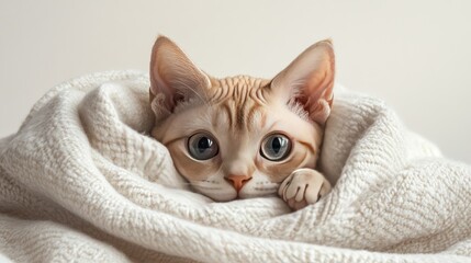 Cozy kitten peeking from blanket, soft background