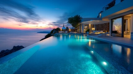 Fototapeta premium Tranquil infinity pool overlooking serene ocean at a coastal villa during evening hours