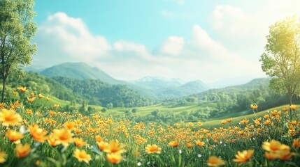 Vibrant field of flowers with mountains under a sunny blue sky. Great for backgrounds, promotions, or spring nature themes.
