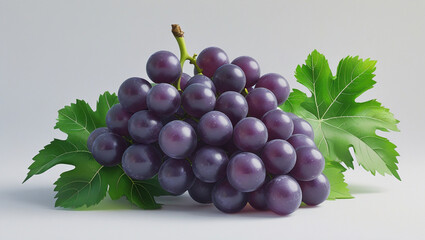 Fototapeta premium A beautifully detailed image of fresh purple grapes and green leaves on white background