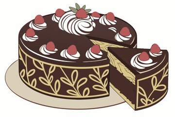 13 Photorealistic chocolate cake, ganache glaze, whipped cream swirls, fresh raspberries, golden leaf pattern, round cake, elegant dessert, soft lighting, high detail, food photography, mouthwatering,