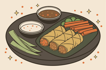 14 Asian appetizer platter, spring rolls, dipping sauces, meatballs, carrots, cucumber slices, bokeh lights background, festive atmosphere, dark circular serving tray, close-up food photography, rich 