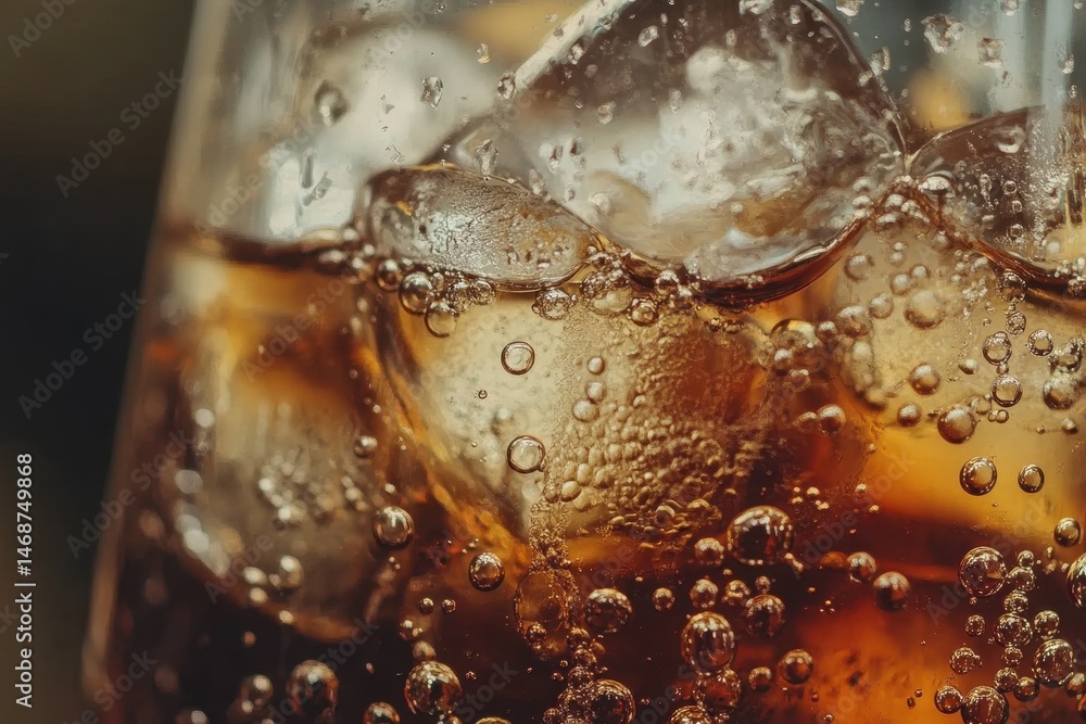 Poster cola with ice and bubbles displayed in a glass captured in slow motion for refreshing enjoyment, col